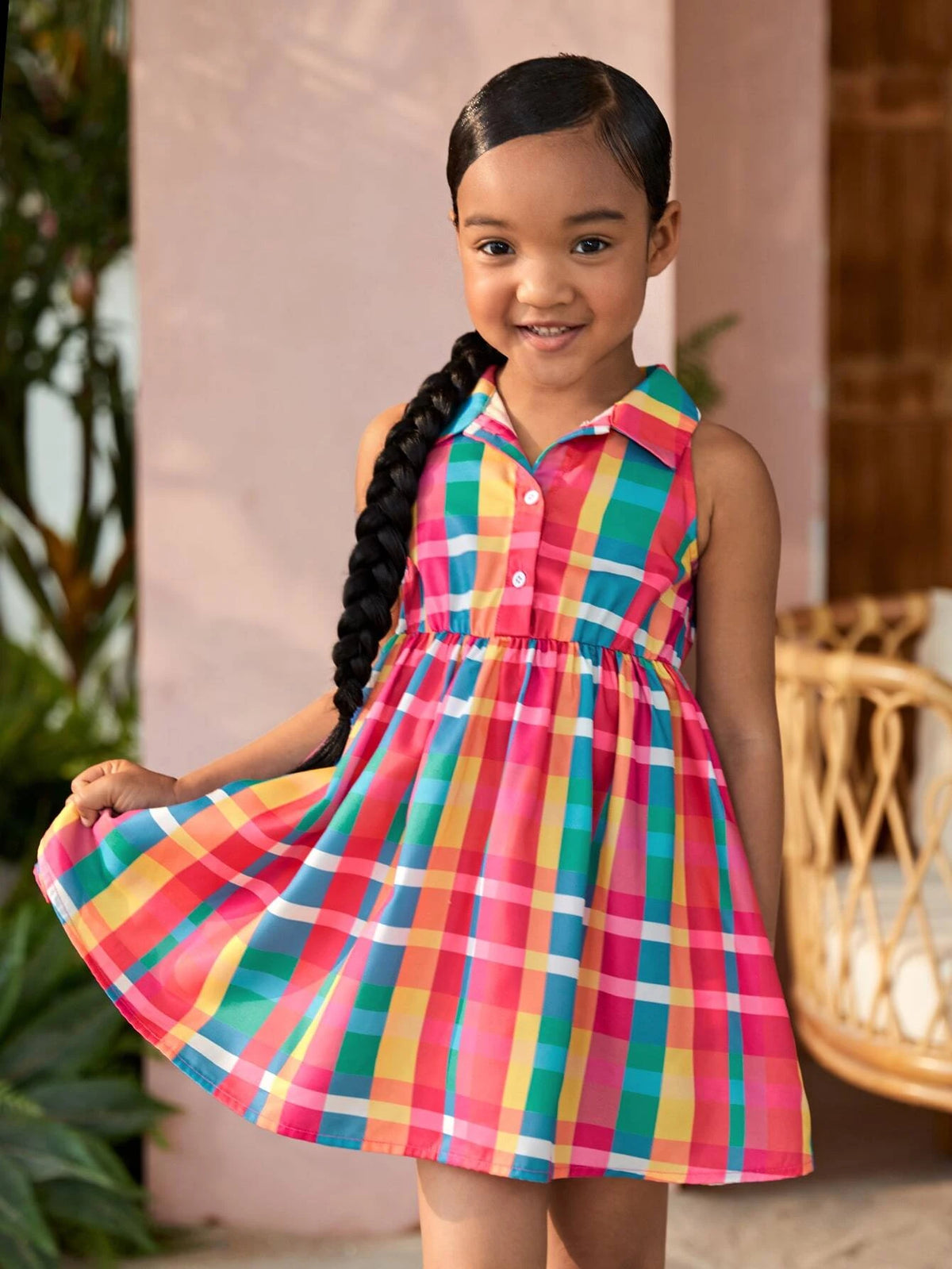 Young Girl Casual Sleeveless Plaid Shirt Collar Half Button Up Dress In Multicolor
