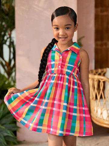 Young Girl Casual Sleeveless Plaid Shirt Collar Half Button Up Dress In Multicolor