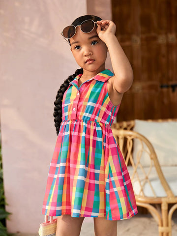 Young Girl Casual Sleeveless Plaid Shirt Collar Half Button Up Dress In Multicolor