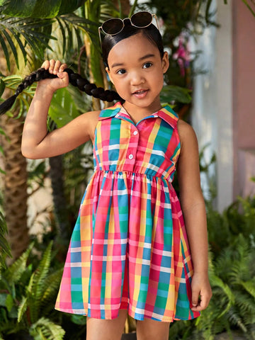 Young Girl Casual Sleeveless Plaid Shirt Collar Half Button Up Dress In Multicolor