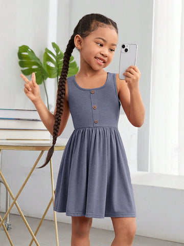 Young Girl Casual Solid Color Knitted Sleeveless Dress For Spring/Summer