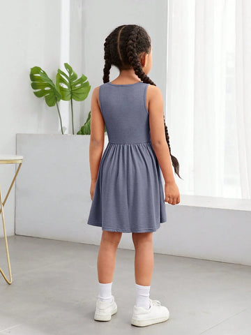 Young Girl Casual Solid Color Knitted Sleeveless Dress For Spring/Summer