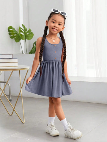 Young Girl Casual Solid Color Knitted Sleeveless Dress For Spring/Summer
