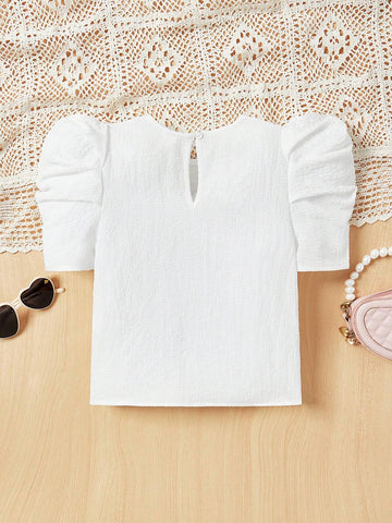 Young Girl Casual Solid Color Puff Sleeve Shirt