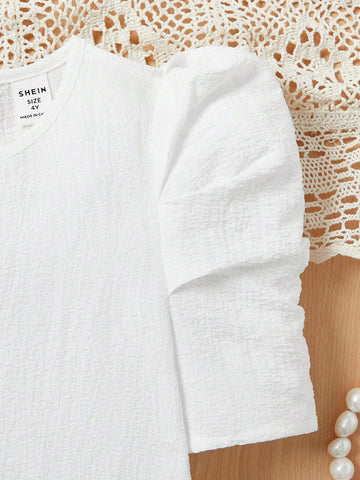 Young Girl Casual Solid Color Puff Sleeve Shirt