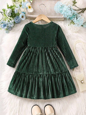 Young Girl Casual Solid Color Round Neck Long Sleeve Ruffle Hem Dress, Autumn