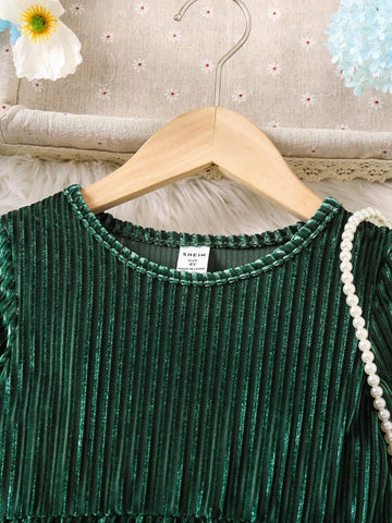 Young Girl Casual Solid Color Round Neck Long Sleeve Ruffle Hem Dress, Autumn