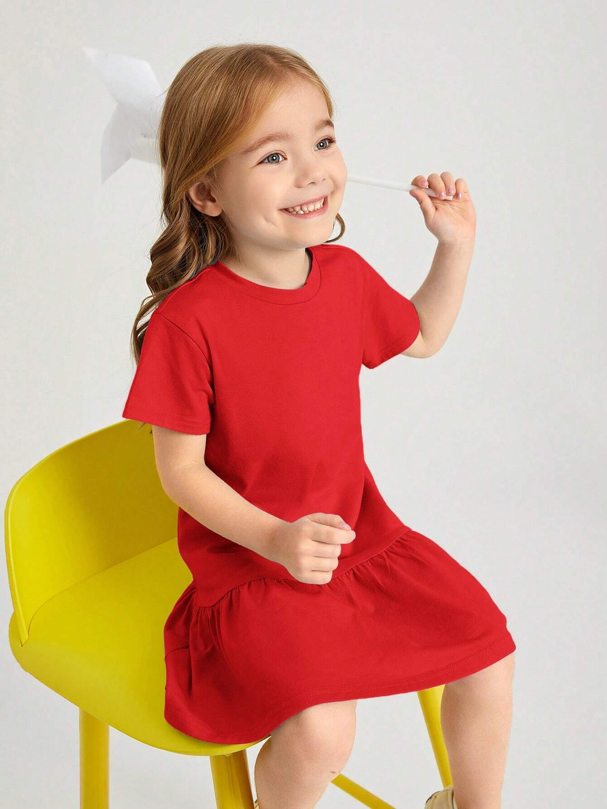 Young Girl Casual Solid Color Round Neck Short Sleeve Dress