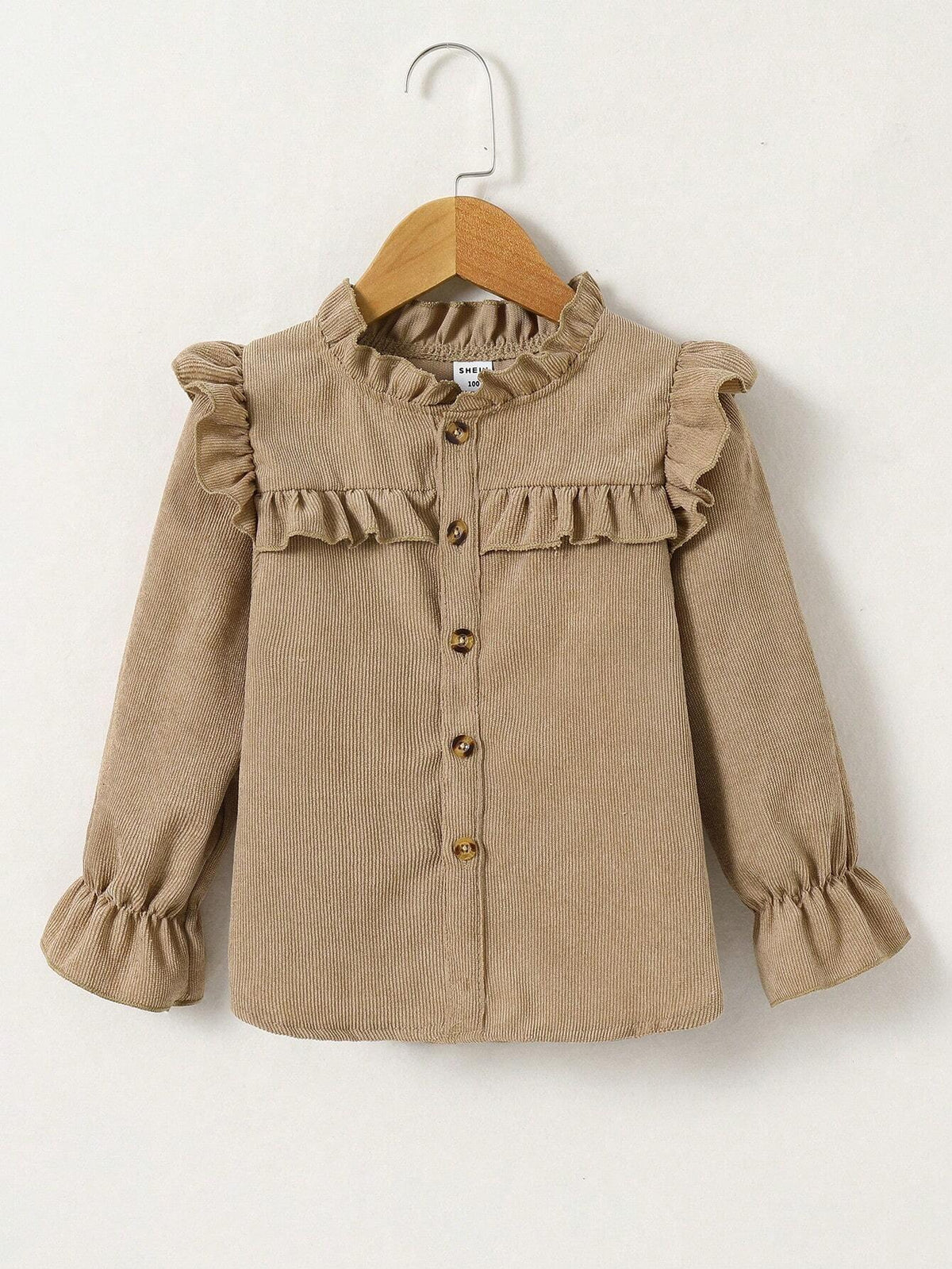 Young Girl Casual Solid Color Ruffle Trim Blouse, Autumn