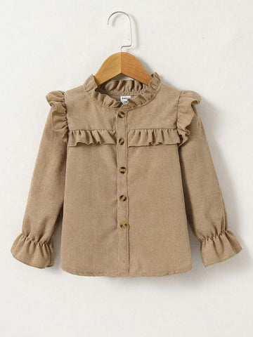 Young Girl Casual Solid Color Ruffle Trim Blouse, Autumn