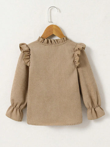 Young Girl Casual Solid Color Ruffle Trim Blouse, Autumn