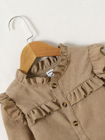 Young Girl Casual Solid Color Ruffle Trim Blouse, Autumn