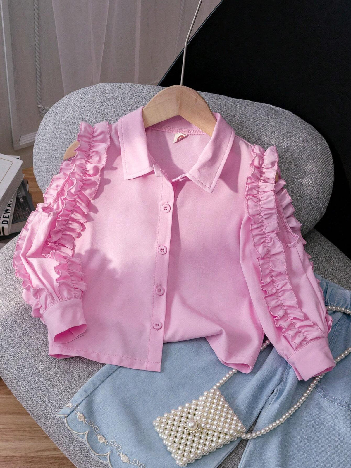 Young Girl Casual Solid Color Ruffled Ruffle Long Sleeve Shirt, Spring & Autumn