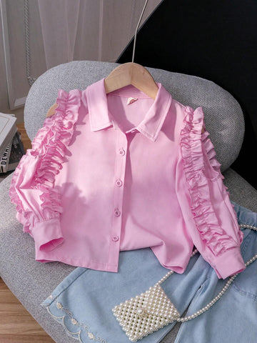Young Girl Casual Solid Color Ruffled Ruffle Long Sleeve Shirt, Spring & Autumn