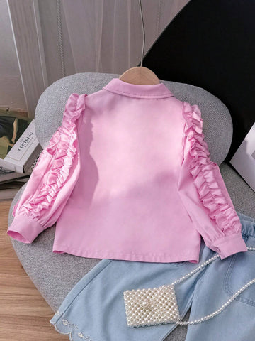 Young Girl Casual Solid Color Ruffled Ruffle Long Sleeve Shirt, Spring & Autumn