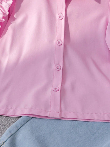 Young Girl Casual Solid Color Ruffled Ruffle Long Sleeve Shirt, Spring & Autumn