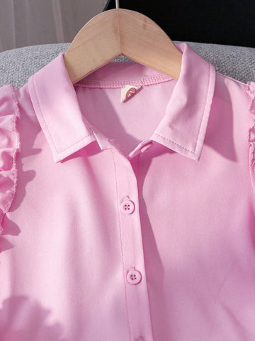 Young Girl Casual Solid Color Ruffled Ruffle Long Sleeve Shirt, Spring & Autumn