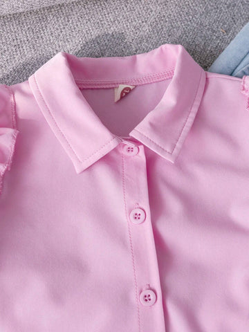 Young Girl Casual Solid Color Ruffled Ruffle Long Sleeve Shirt, Spring & Autumn