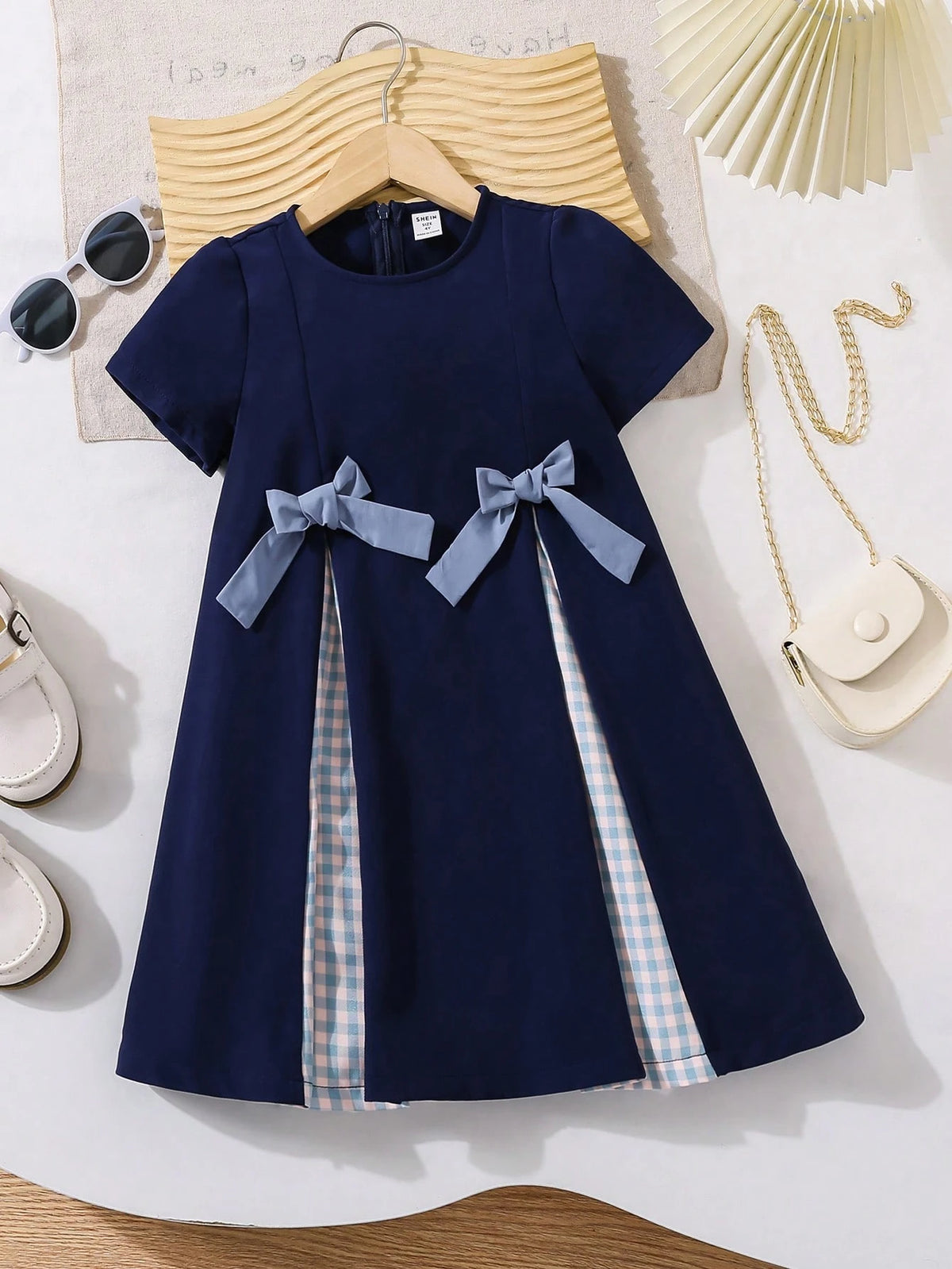 Young Girl Casual Summer Color Block Printed Bowknot Round Neck Short Sleeve Dress, Great For Casual & Daily Wear