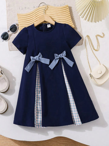 Young Girl Casual Summer Color Block Printed Bowknot Round Neck Short Sleeve Dress, Great For Casual & Daily Wear