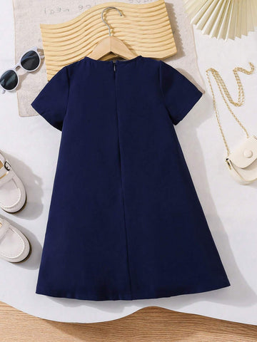 Young Girl Casual Summer Color Block Printed Bowknot Round Neck Short Sleeve Dress, Great For Casual & Daily Wear