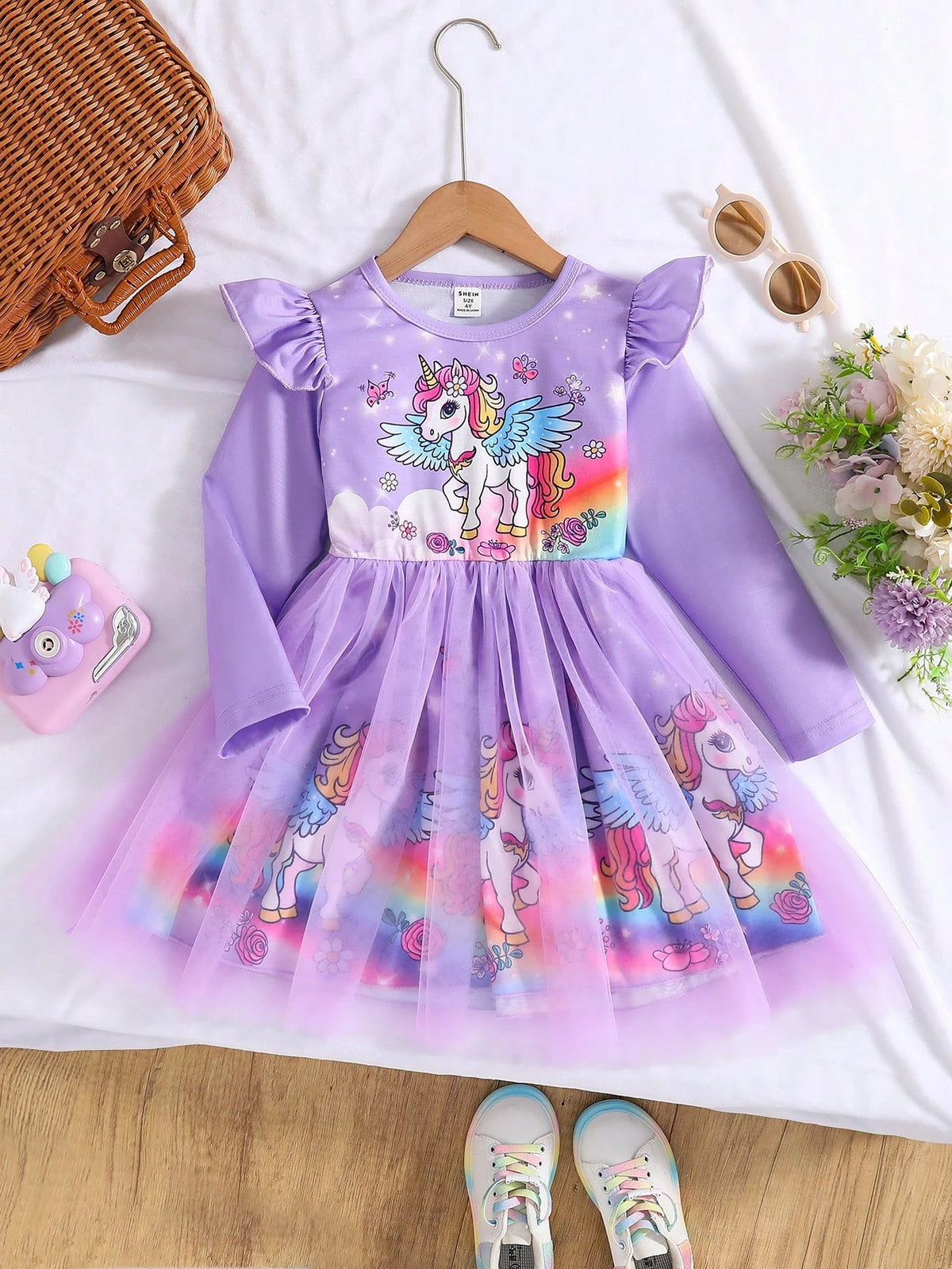Young Girl Casual Unicorn Print Contrast Mesh Dress, Autumn
