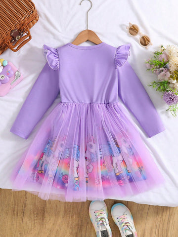 Young Girl Casual Unicorn Print Contrast Mesh Dress, Autumn