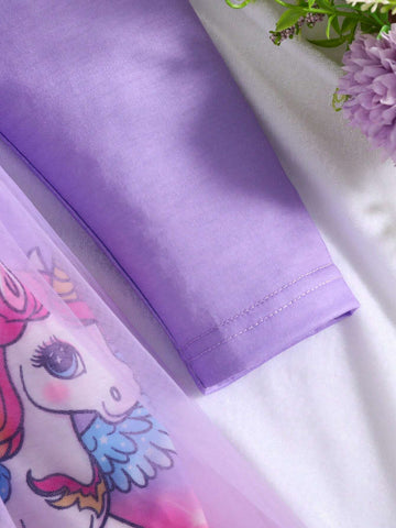 Young Girl Casual Unicorn Print Contrast Mesh Dress, Autumn