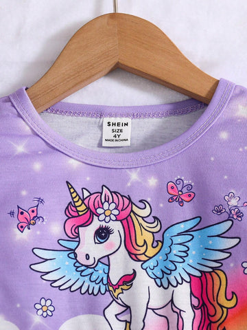 Young Girl Casual Unicorn Print Contrast Mesh Dress, Autumn