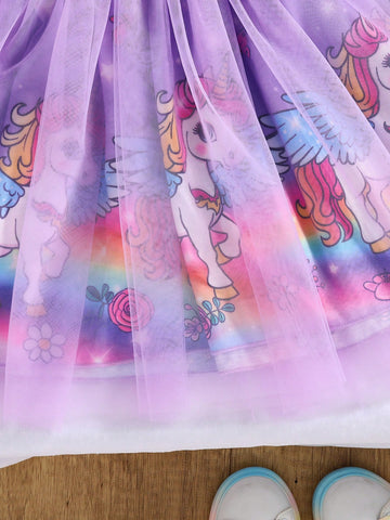Young Girl Casual Unicorn Print Contrast Mesh Dress, Autumn