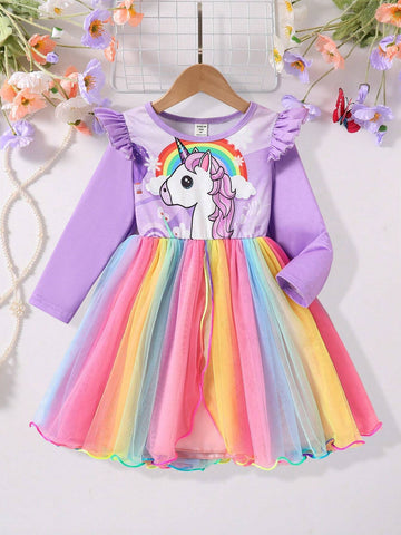 Young Girl Casual Unicorn Print Contrast Mesh Panel Dress For Everyday, Autumn