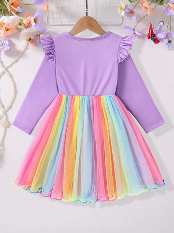 Young Girl Casual Unicorn Print Contrast Mesh Panel Dress For Everyday, Autumn