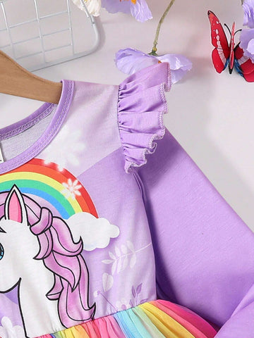 Young Girl Casual Unicorn Print Contrast Mesh Panel Dress For Everyday, Autumn