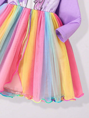 Young Girl Casual Unicorn Print Contrast Mesh Panel Dress For Everyday, Autumn