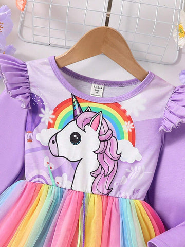 Young Girl Casual Unicorn Print Contrast Mesh Panel Dress For Everyday, Autumn