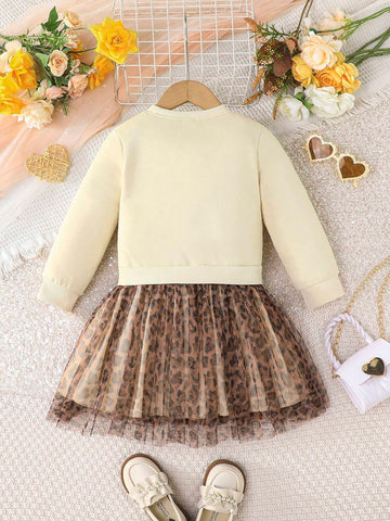 Young Girl Casual Unicorn Print Mesh Patchwork Long Sleeve Dress, Autumn Season