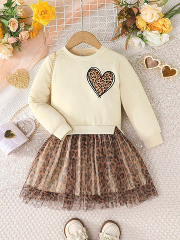 Young Girl Casual Unicorn Print Mesh Patchwork Long Sleeve Dress, Autumn Season