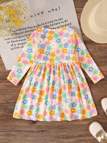 Young Girl Casual Vacation Cute All-Over Floral Print Jersey Dress, Spring
