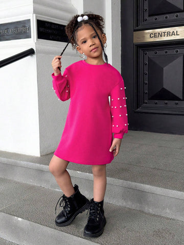 Young Girl Casual Versatile Soft Knitted Beaded Round Neck Dolman Sleeve Dress
