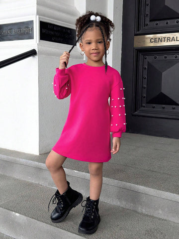 Young Girl Casual Versatile Soft Knitted Beaded Round Neck Dolman Sleeve Dress