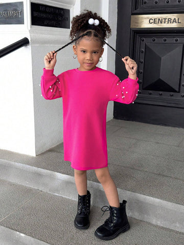 Young Girl Casual Versatile Soft Knitted Beaded Round Neck Dolman Sleeve Dress