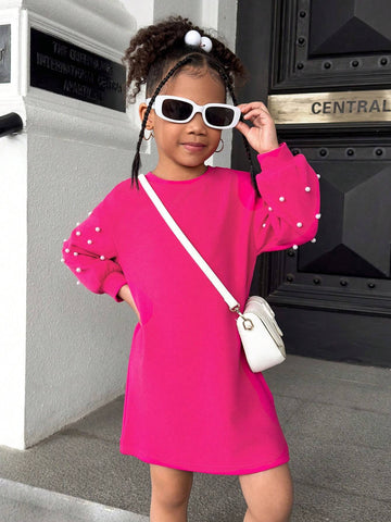 Young Girl Casual Versatile Soft Knitted Beaded Round Neck Dolman Sleeve Dress