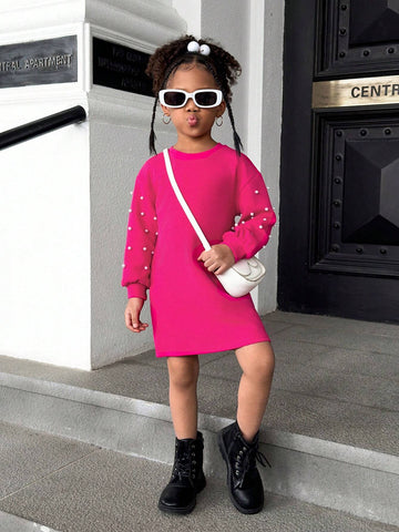 Young Girl Casual Versatile Soft Knitted Beaded Round Neck Dolman Sleeve Dress