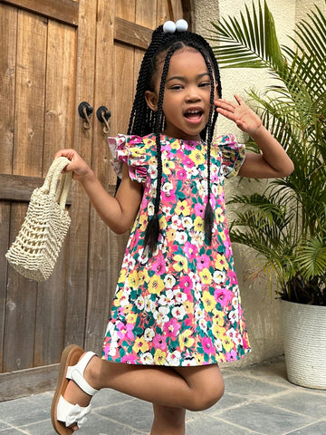 Young Girl Casual Woven Flying Sleeves Dress With A-Line Silhouette For Holiday