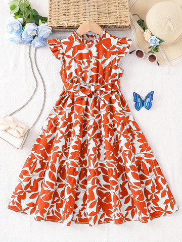 Young Girl Chiffon Ditsy Ditsy Floral Ruffle Hem Sleeveless Dress With Stand Collar