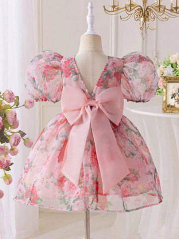 Young Girl Chiffon Ditsy Floral Puff Sleeve Fitted Dress