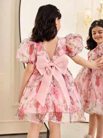 Young Girl Chiffon Ditsy Floral Puff Sleeve Fitted Dress