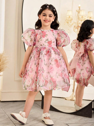 Young Girl Chiffon Ditsy Floral Puff Sleeve Fitted Dress