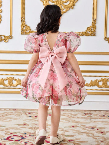 Young Girl Chiffon Ditsy Floral Puff Sleeve Fitted Dress