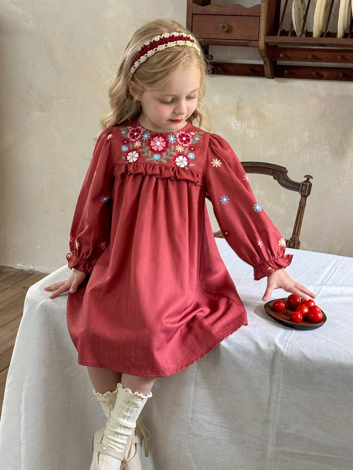 Young Girl Chiffon Ditsy Floral Round Neck Bubble Hem Casual Dress